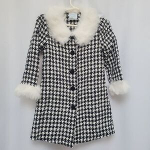 Jessica Ann Houndstooth Coat Faux Fur Collar Cuffs Lightweight Unlined Size 48M